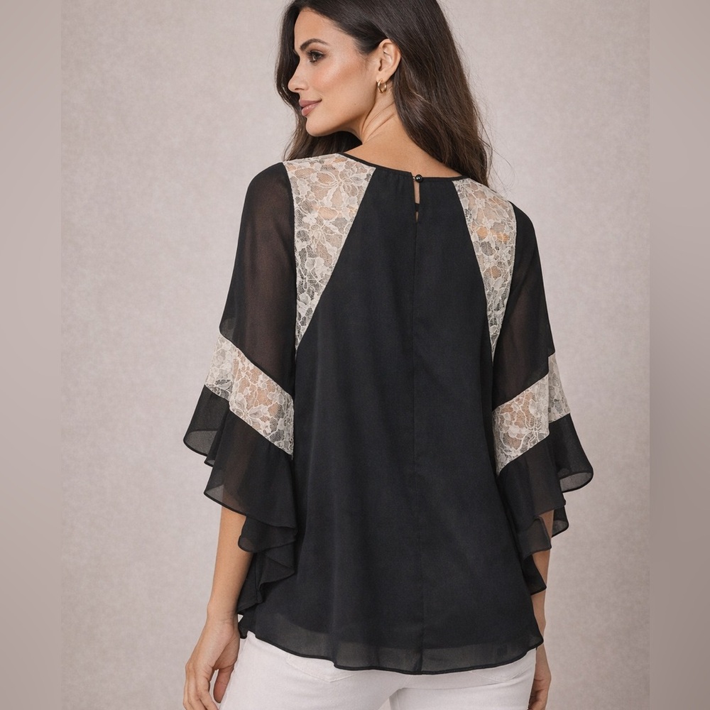 VENUS Black Lace Overlay Ruffle Sleeve Blouse | Sheer Chiffon Top | Medium
